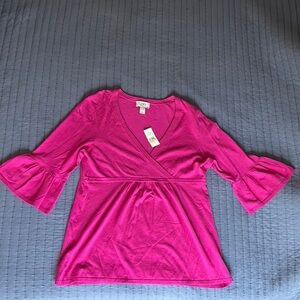 LOFT Pink Ruffled Wrap Blouse with Bell Sleeves